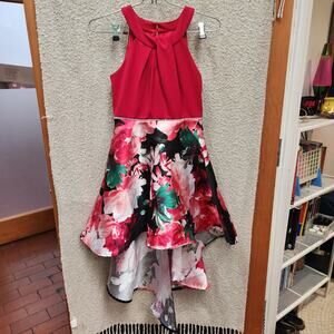 Holiday Red Floral Halter Neck Hi-Low Dress Big Girls Button Zip Size 10